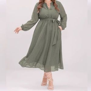 Geometric Pocket Mesh Lantern Sleeve Belted Dress